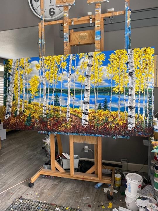 Content — Jill and Howie's commissioned birch lake painting on the studio easel