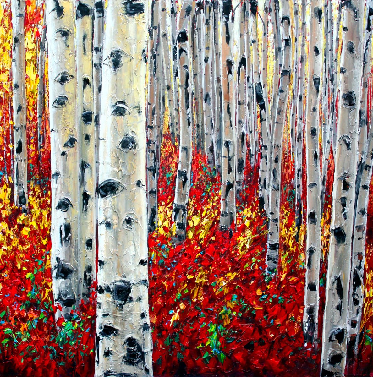 Aspens And Rubies — palette knife painting by Jennifer Vranes